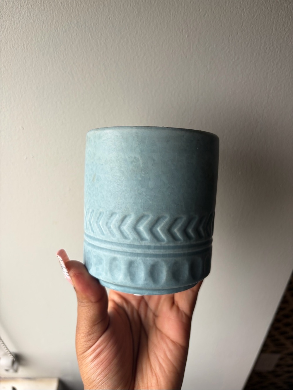 Ceramic Small Planter in Soft Blue with Textured Chevron Band